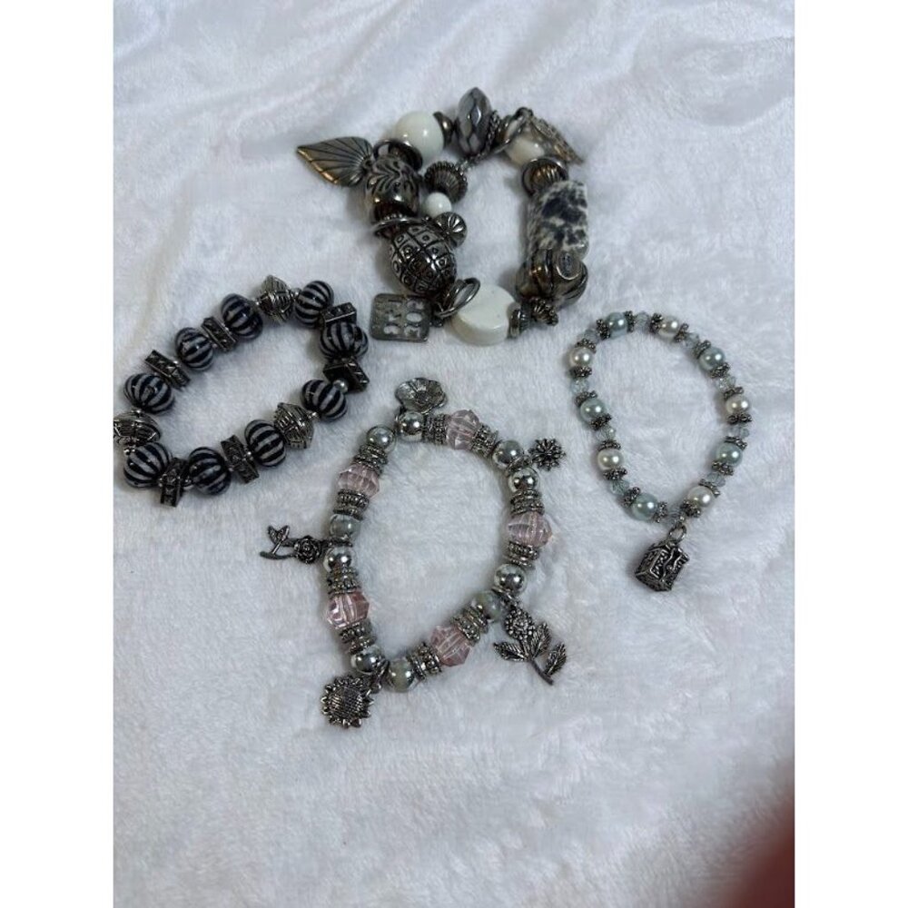 Lot of 4 Beaded Stretch Bracelets with Silver-Toned Charms & Unique Bead Designs